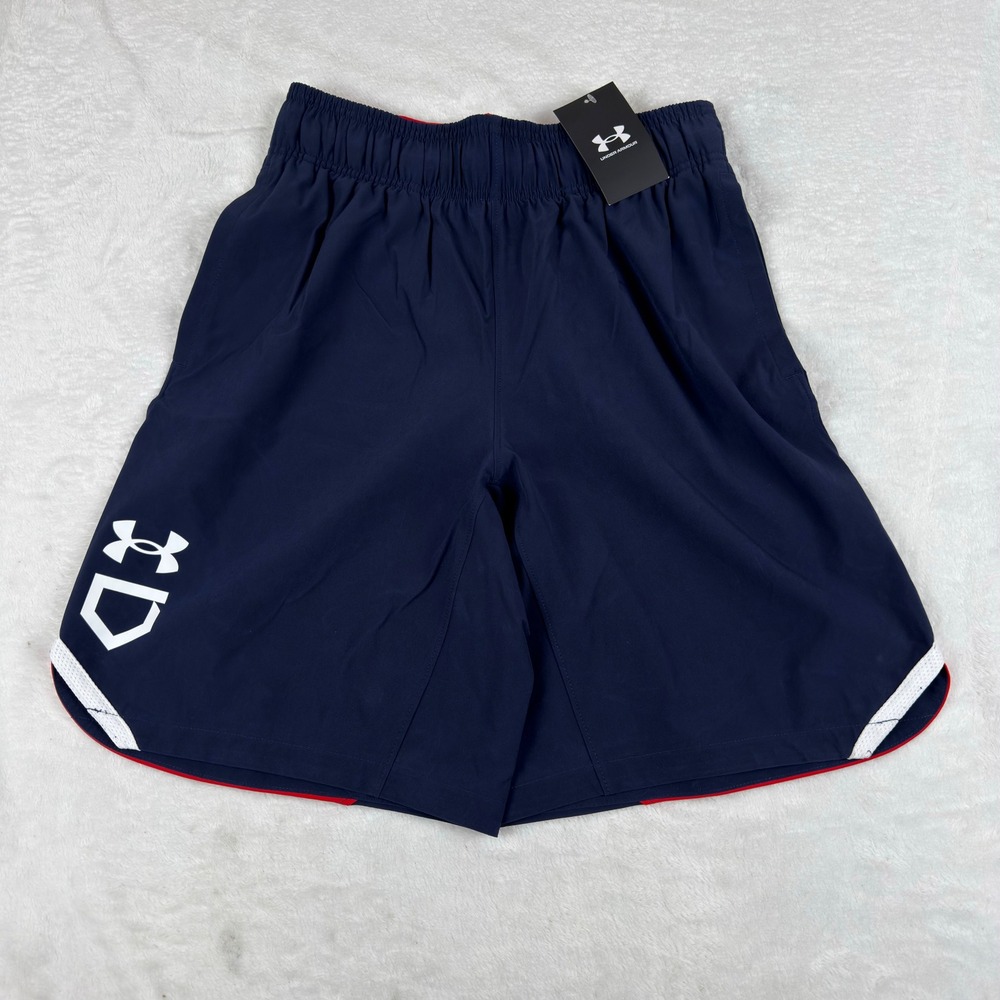 Under Armour Yard Baseball Shorts Mens Small Navy Blue Red 1367366 NEW Elastic